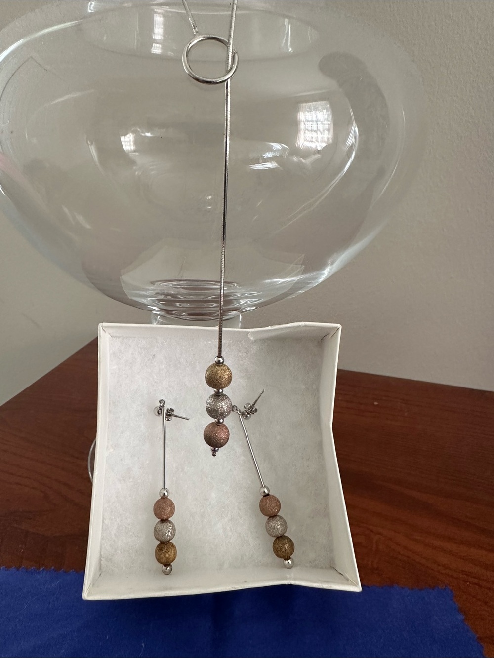 Multi-Tone Beaded Pendant Necklace & Drop Earring Set - Silver Chain